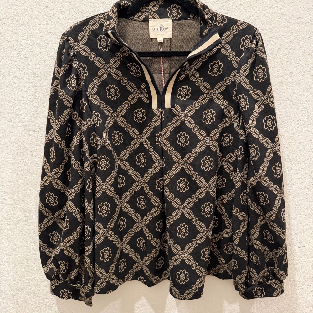 Umgee Women Black Tan Floral Tile Print Split Neck Long Sleeve Blouse Large NEW